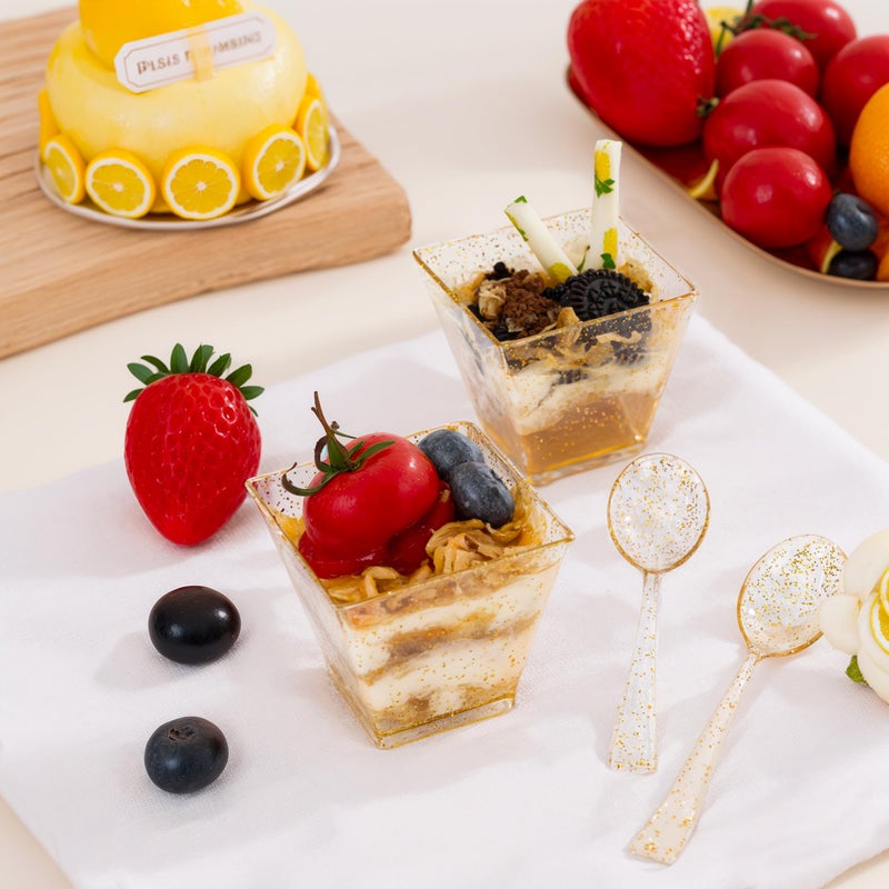 I00000 2oz Gold Glitter Square Mini Plastic Dessert Cups, 2 Ounce Small Plastic Cups with Mini Spoons, Include 100 Pieces Small Parfait Cup and 100 Pieces Gold Spoons for Pudding, Fruit and Ice Cream - Image 2